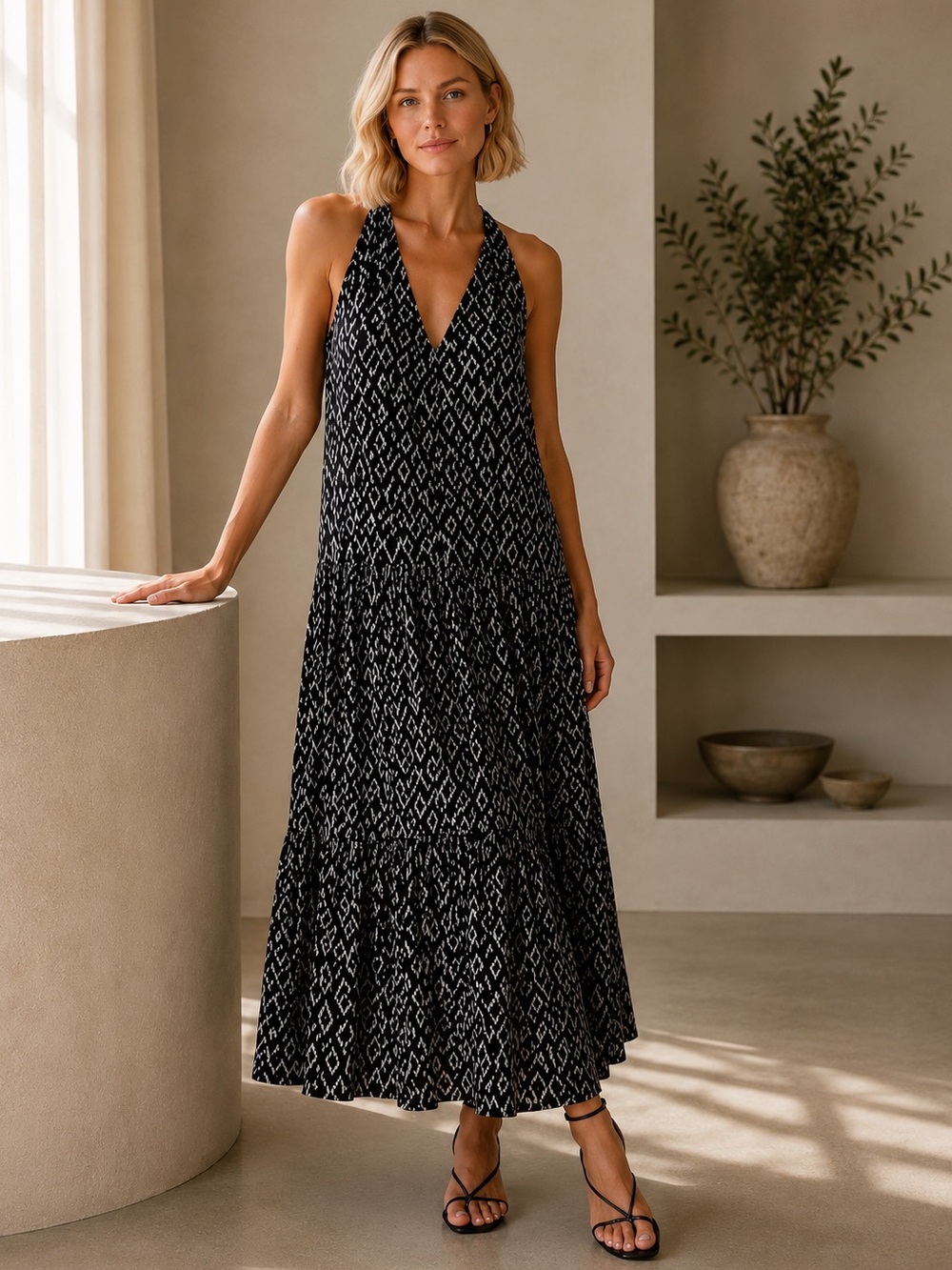 BANANA REPUBLIC Drop Hem Maxi Halter Dress Black and White Size Small
